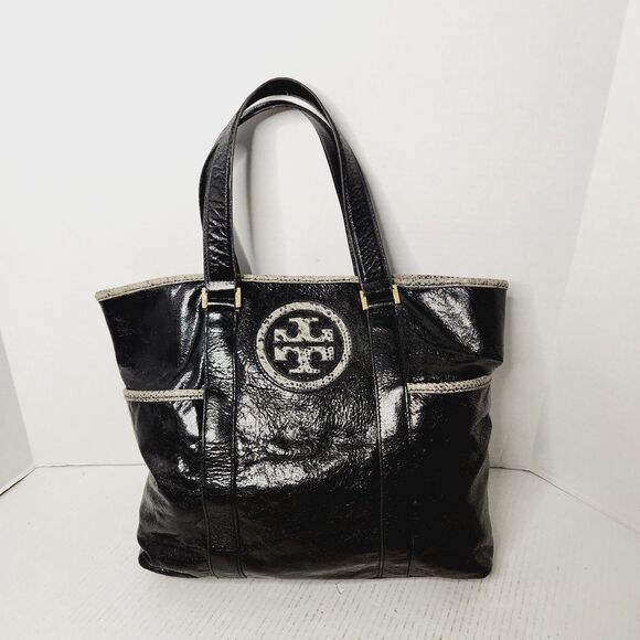 Tory Burch Black Patent Leather Snakeskin Trim Gold Hardware Shoulder Bag Tote - Picture 1 of 16